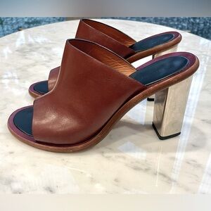 Celine stainless steel-heeled Leather Slides, burgundy/silver, sz6.5, EUC